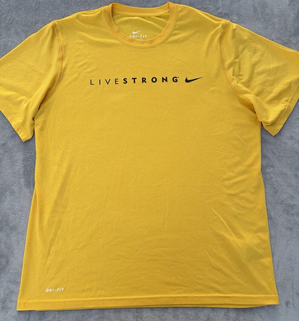 Nike Dri-Fit Large Yellow Black Swoosh Spell Out Livestrong T-Shirt